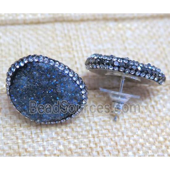 druzy agate earring studs, gray-blue, copper, platinum plated