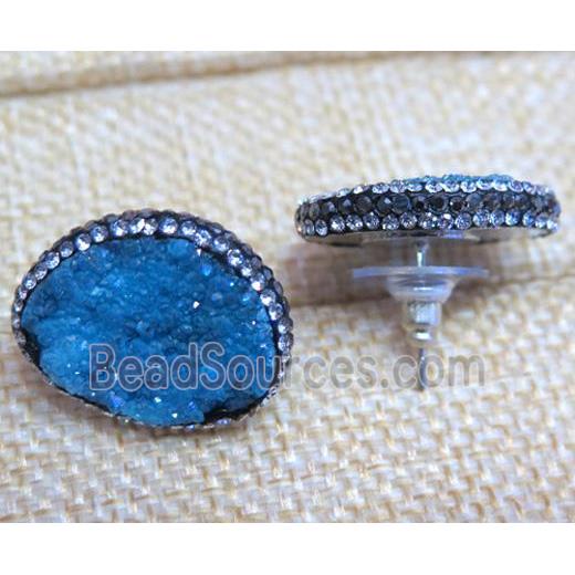 blue druzy agate earring studs, copper, platinum plated