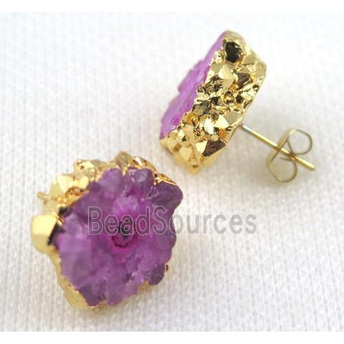 hotpink Solar Quartz druzy earring studs, copper, gold plated