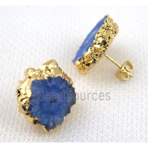 blue Solar Quartz druzy earring studs, copper, gold plated