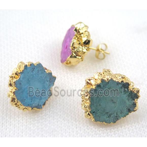 Solar Quartz druzy earring studs, mix color, copper, gold plated