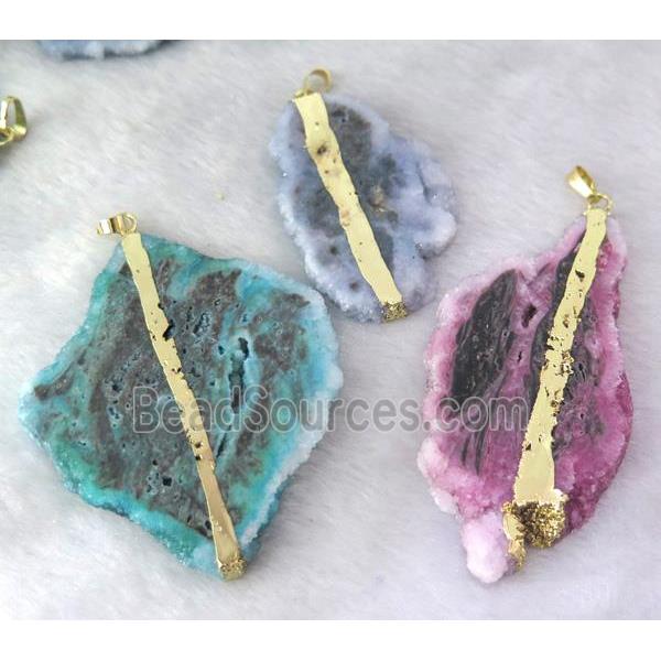 druzy quartz slice pendant, freeform, mix color