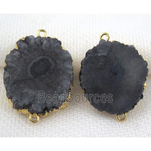 black Solar Quartz druzy slice connector, freeform, gold plated