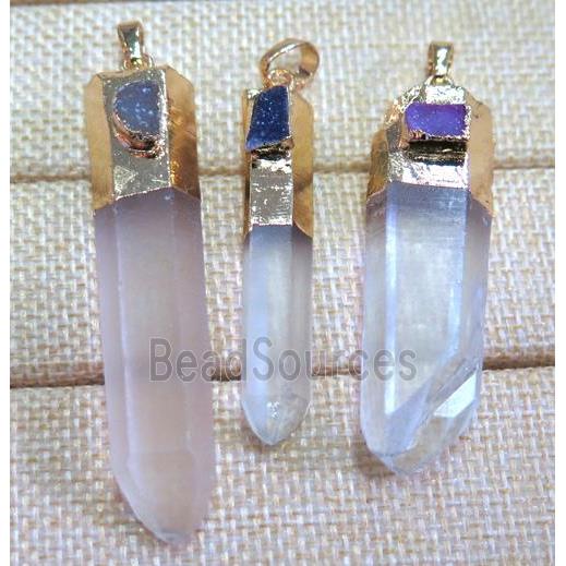 clear quartz pendant paved druzy, stick, gold plated