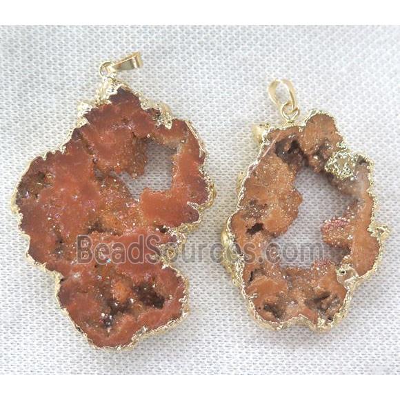 druzy agate slice pendant, gold plated, orange