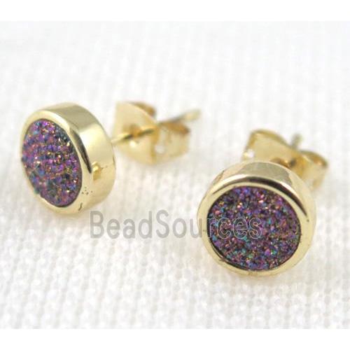 rainbow agate druzy earring stud, copper, gold plated