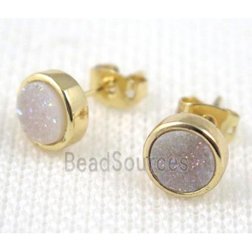 white AB-color druzy agate earring studs, copper, gold plated