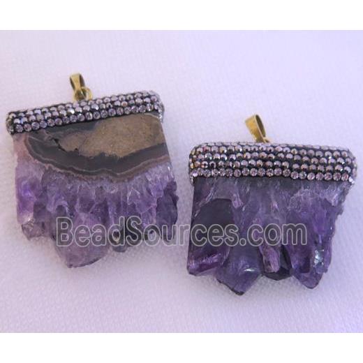 amethyst druzy slice pendant pave rhinestone, freeform