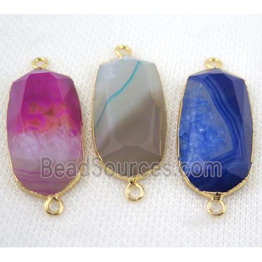 agate connector, faceted oval, mix color, gold plated