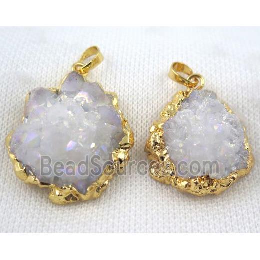 druzy quartz pendant, white AB-color, freeform, gold plated