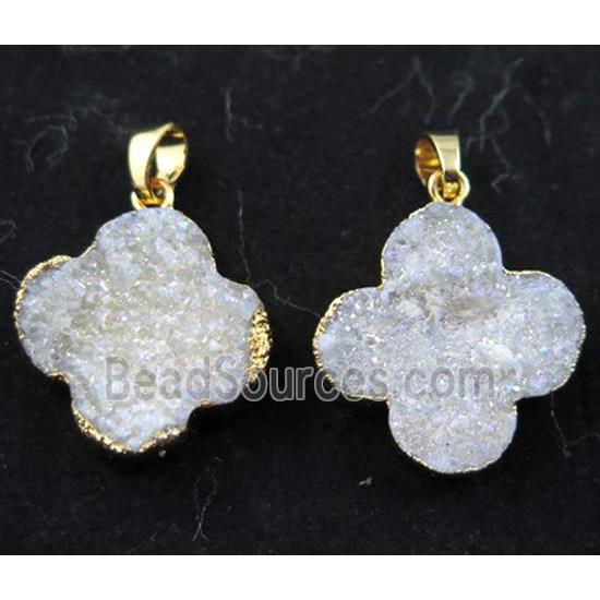 druzy quartz four-leaf clover pendant, white AB-color, gold plated