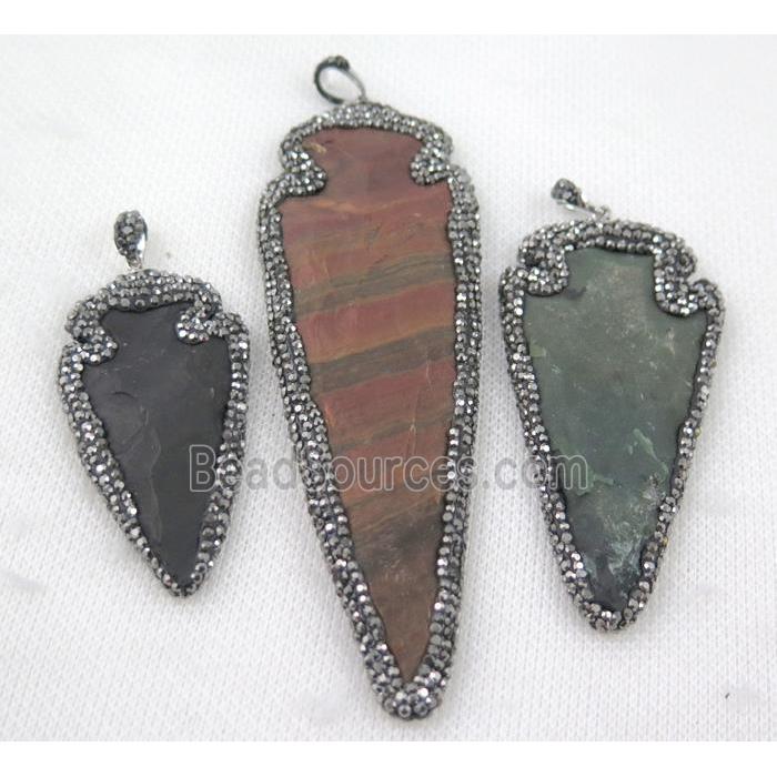 mix hammered Rock Agate arrowhead pendant paved rhinestone