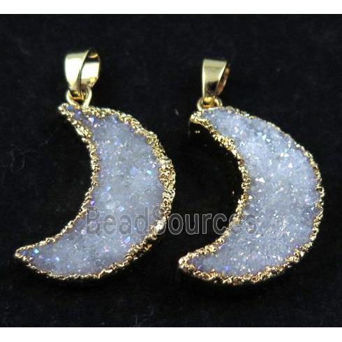 Druzy Quartz pendant, white AB-color, crescent moon shape, gold plated