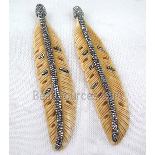 bone feather pendant paved rhinestone, yellow
