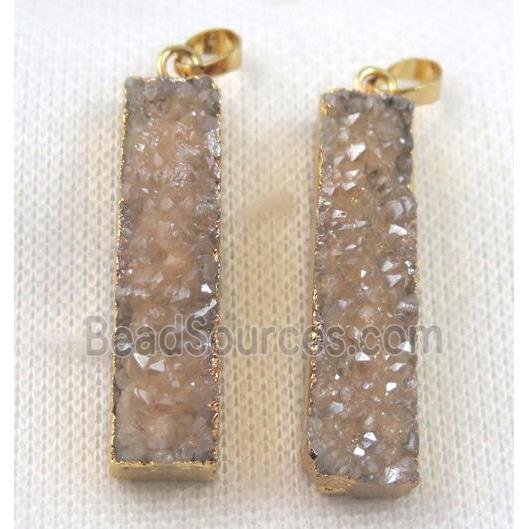 druzy quartz pendant, gold-champagne, rectangle, gold plated