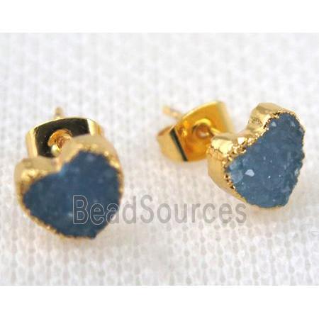 blue agate druzy heart earring stud, copper, gold plated