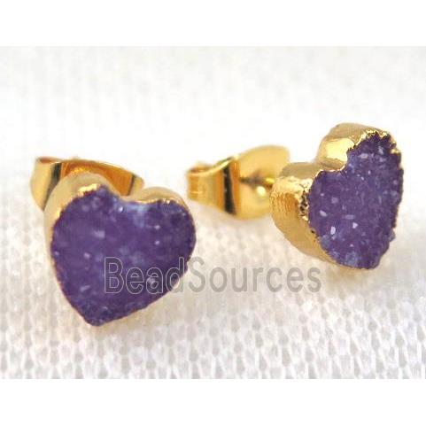 purple agate druzy heart earring stud, copper, gold plated