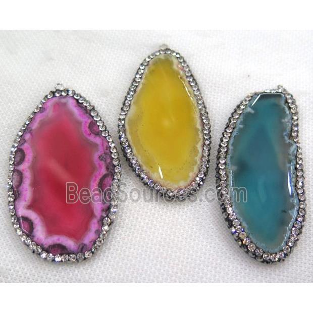 agate slice pendant pave rhinestone, mix color