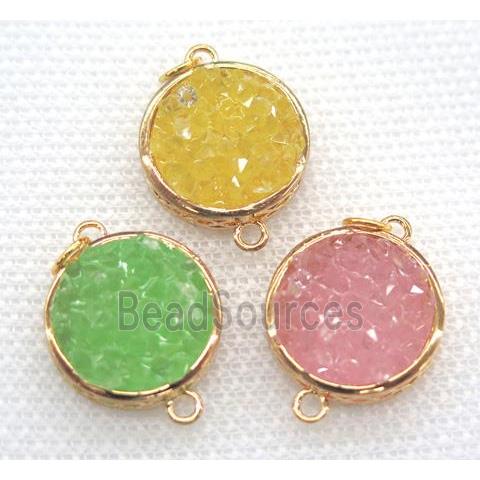 resin druzy connector, mix color, flat-round, gold plated