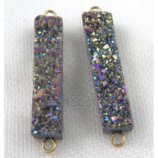 quartz druzy connector, rectangle, rainbow electroplated