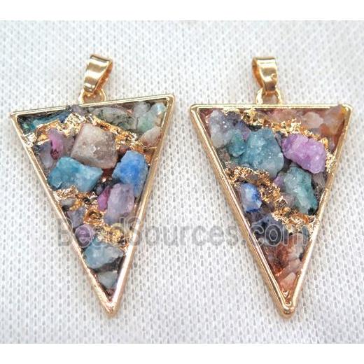 colorful tourmaline pendant, triangle, copper, gold plated