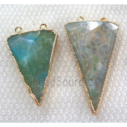 green dragon veins agate pendant, faceted triangle, gold plated