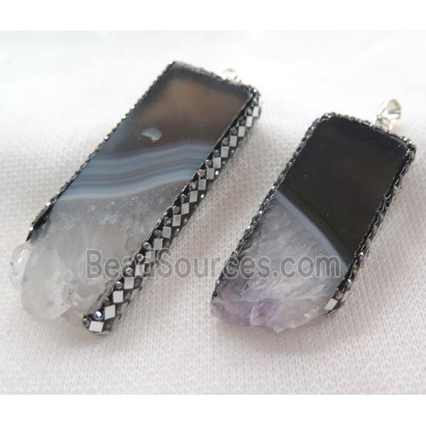 Amethyst rectangle pendant paved silver foil, rhinestone