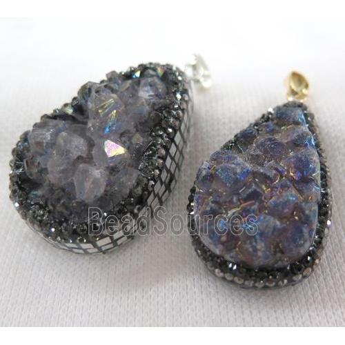 Amethyst druzy teardrop pendant paved foil, rhinestone