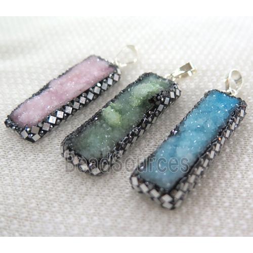 druzy quartz rectangle pendant paved silver foil, rhinestone, mix color