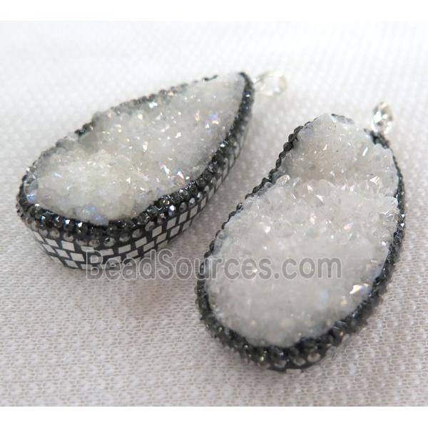 druzy quartz pendant paved silver foil, rhinestone, white ab-color