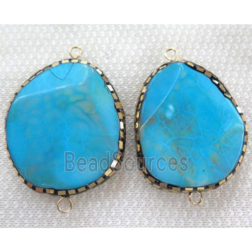 blue dragon veins agate connector paved gold foil, rhinestone, faceted freeform