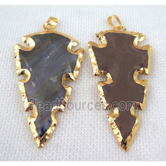 hammered Rock Agate pendant, arrowhead, gold plated