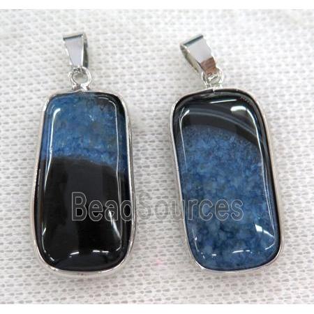 blue druzy agate pendant, rectangle, silver plated