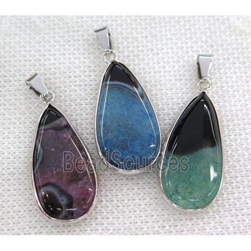 druzy agate pendant, mix color, teardrop, silver plated