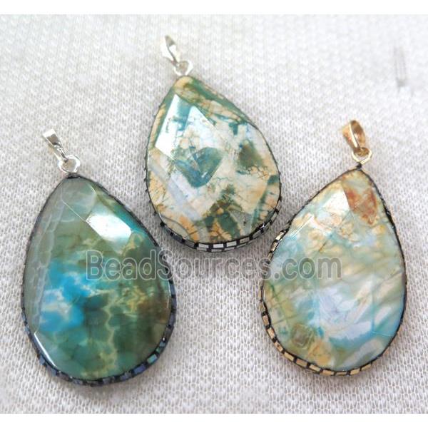 green Dragon veins Agate pendant pave foil, faceted teardrop