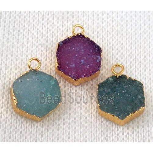 druzy agate hexagon pendant, mix color, gold plated