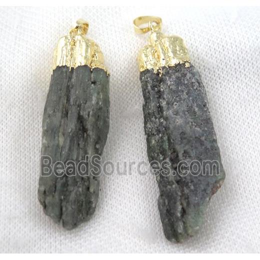 green kyanite stick pendant, gold plated