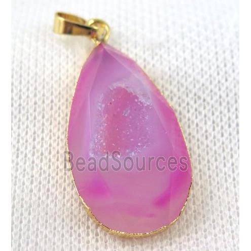 pink agate druzy pendant, faceted teardrop, gold plated