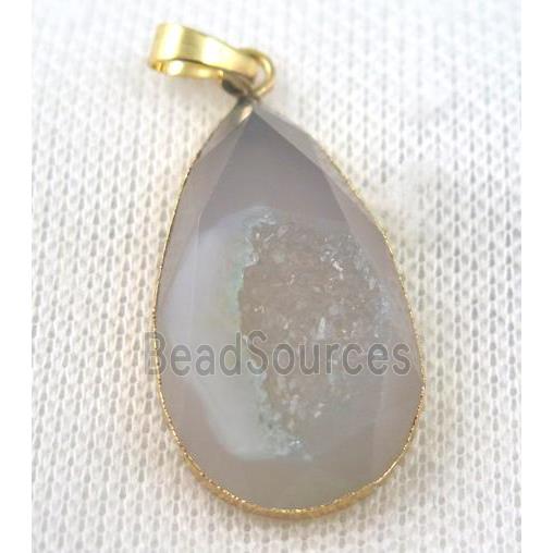 gray agate druzy pendant, faceted teardrop, gold plated