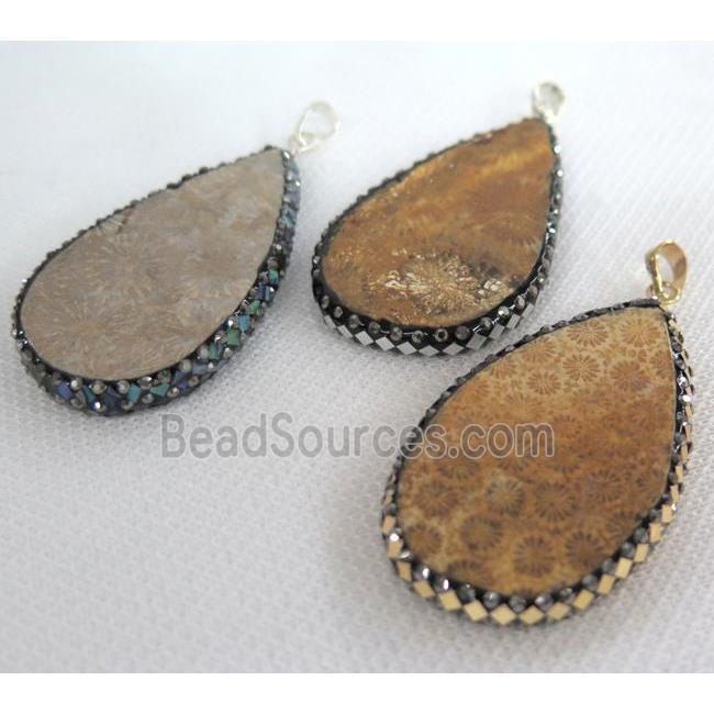 Coral Fossil teardrop pendant paved foil, yellow