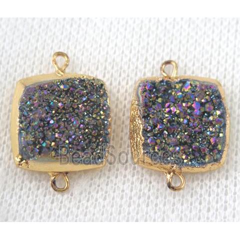 rainbow druzy quartz connector, square, gold plated