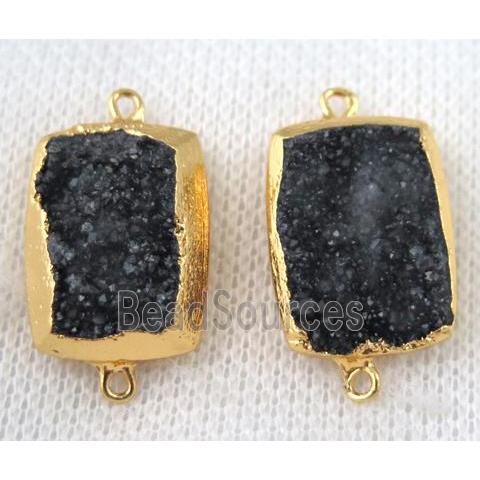 black druzy quartz connector, rectangle, gold plated