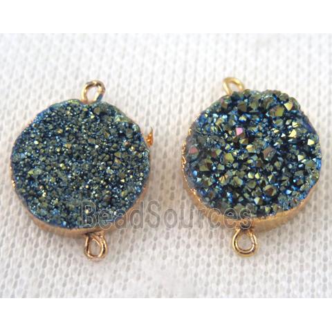 green druzy quartz connector, flat round, gold plated