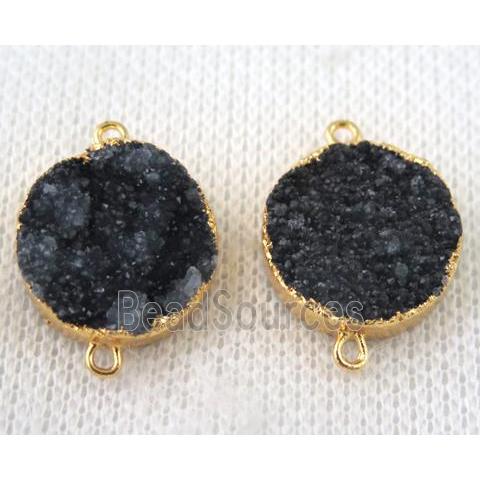 black druzy quartz connector, flat round, gold plated