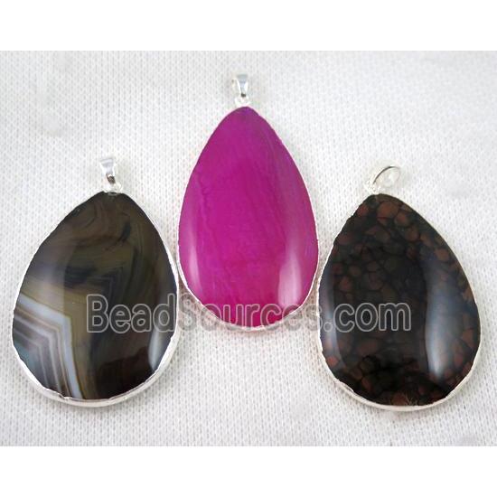 agate pendant, mix color, teardrop, silver plated