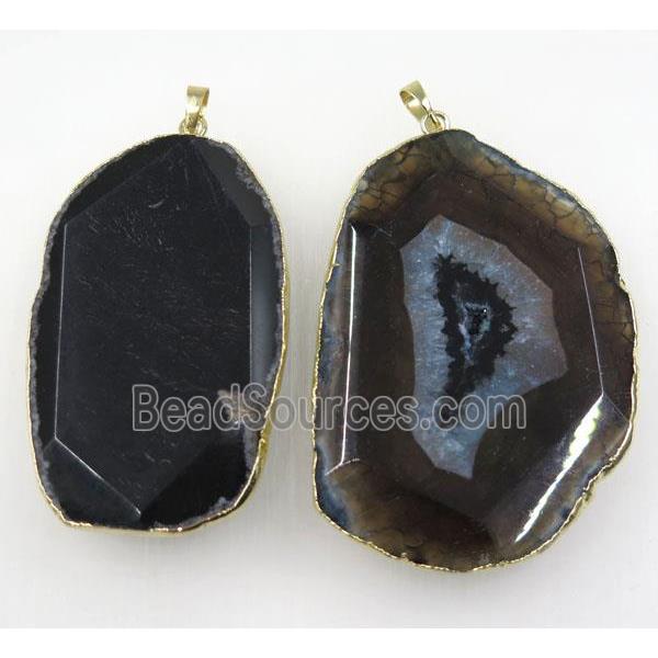 black agate druzy slice pendant, faceted freeform, gold plated