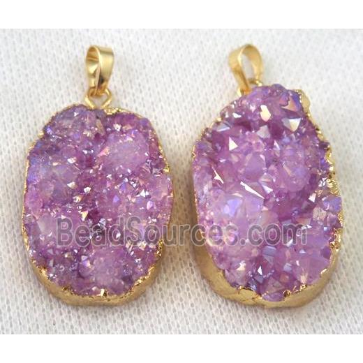 hotpink druzy quartz pendant, AB color, freeform, gold plated