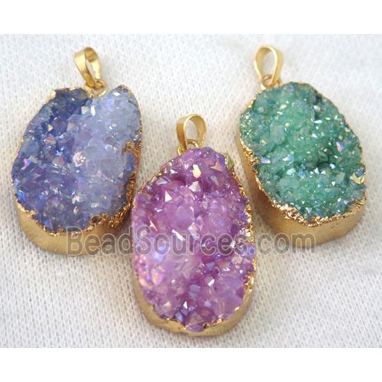 mix druzy quartz pendant, AB color, freeform, gold plated