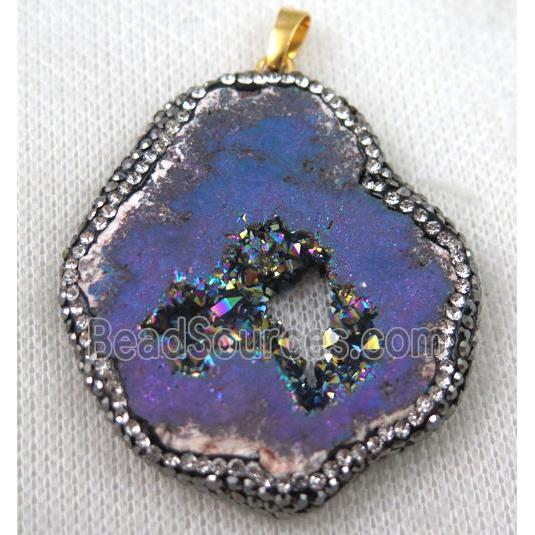 druzy agate slice pendant paved rhinestone, freeform, rainbow plated