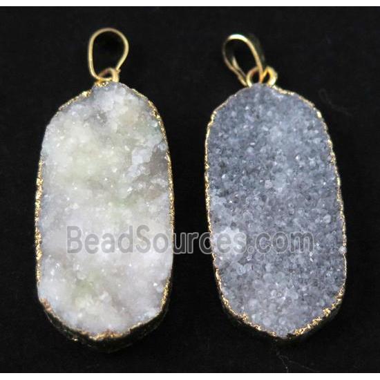 white druzy quartz pendant, oval, gold plated